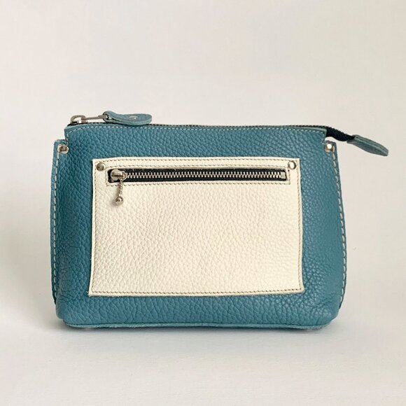 Roots Leather Zipper Clutch Purse Travel Mini Bag Blue White Vacation Boho Chic - Picture 1 of 15